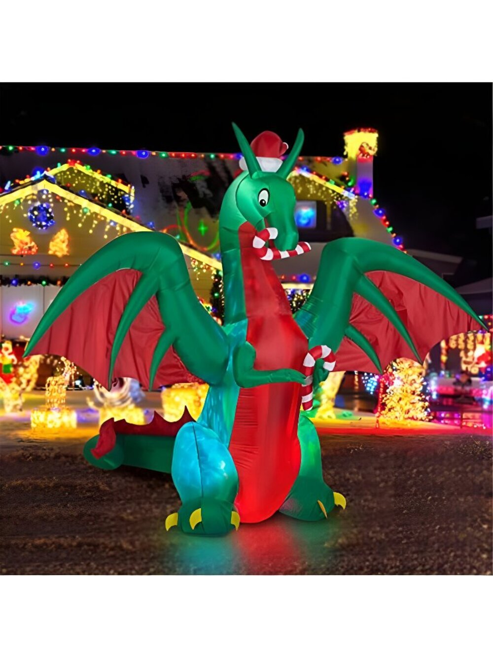 8ft Inflatable Christmas Dragon with Candy Disco Light
